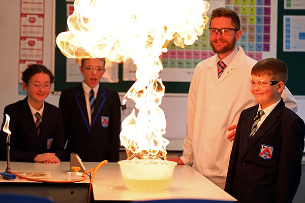 Fire experiment in Wrexham school science class